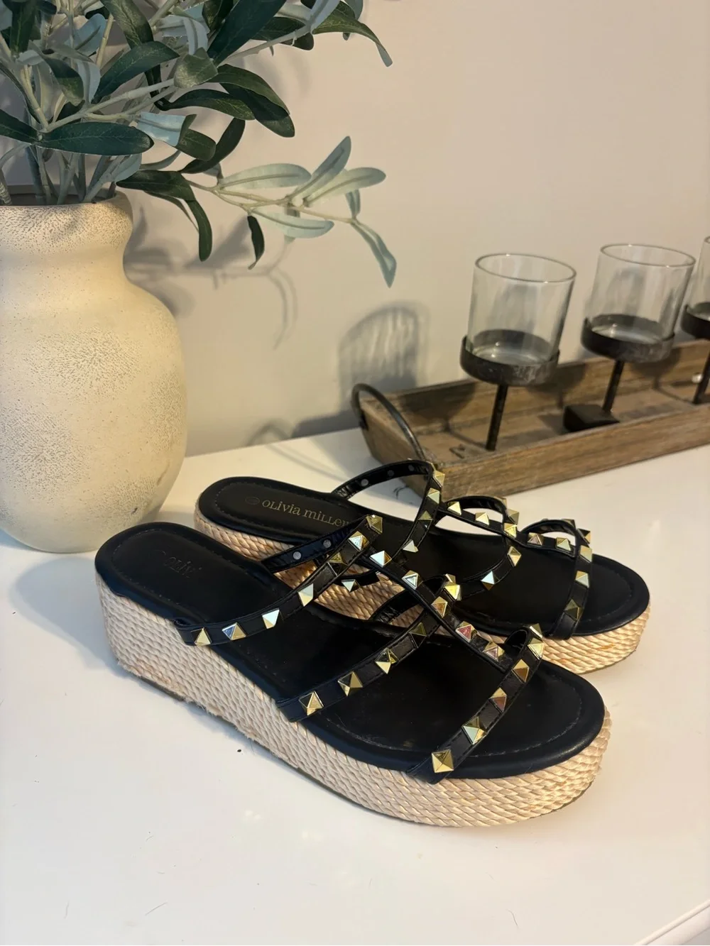 Olivia Miller Black Studded Wedge Espadrille Sandals